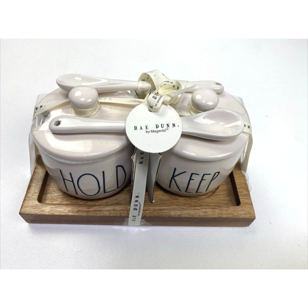 Rae Dunn Kitchen 'HOLD + KEEP" Jars with Lids, Spoons and Wood Tray NEW